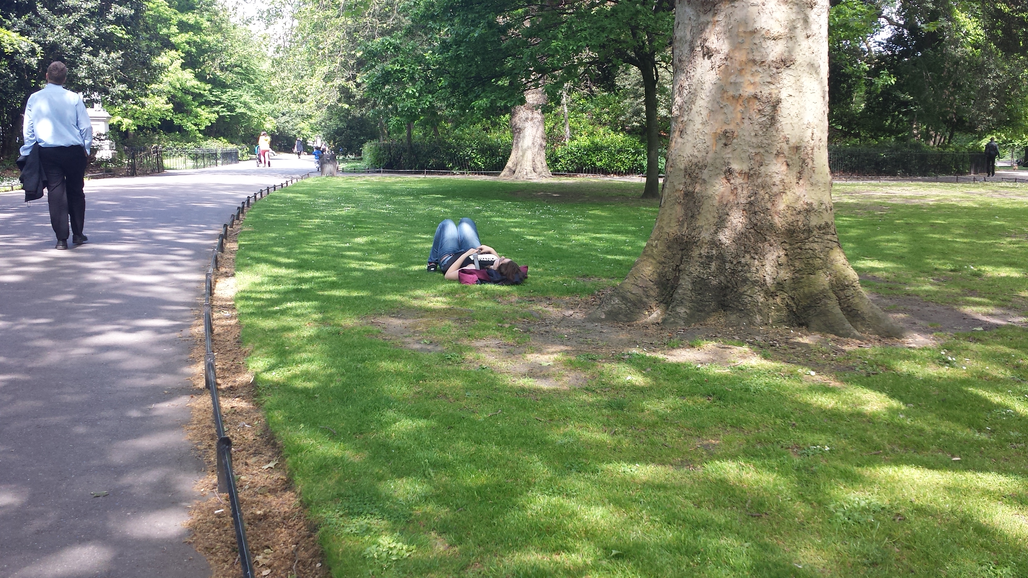 Bri's friend Catherine napping on a patch of green grass, a tree near her. There are people walking in the park in the left hand side of the picture.